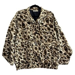 Vtg SILKWORMS Women Leopard Print Lightweight‎ Bomber Jacket Sz XL Tan Black